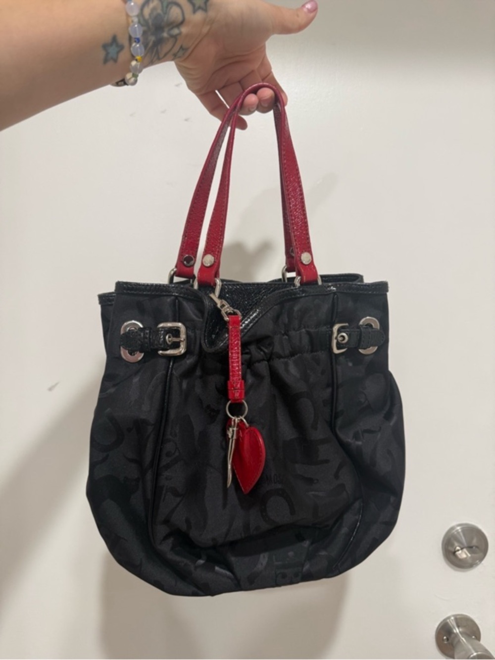 Moschino Black Shoulder Bag with Red Handles and Bag Charm